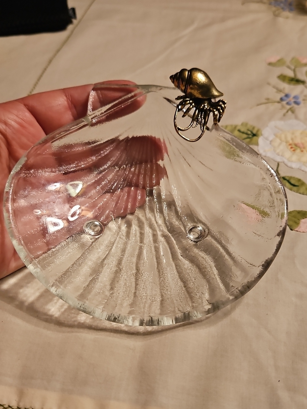 Source Unknown Clear Shell Trinket Dish with Gold Hermit Crab Accent